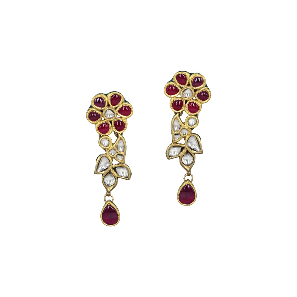 Floral Red Cabochon Earrings with Polki Diamonds and Teardrops